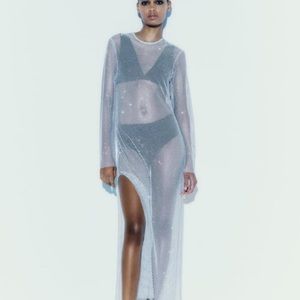 NWT ZARA RHINESTONE MESH DRESS BLUE